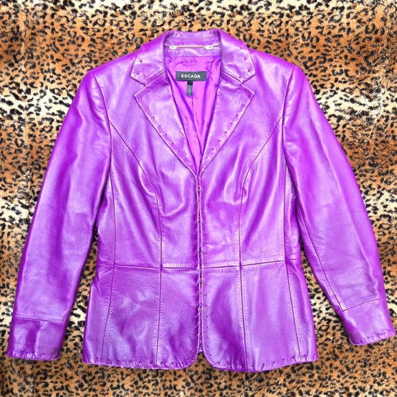 Vintage Escada Purple Nappa Leather Blazer Jacket Y2K Size 40 Medium - Picture 1 of 14